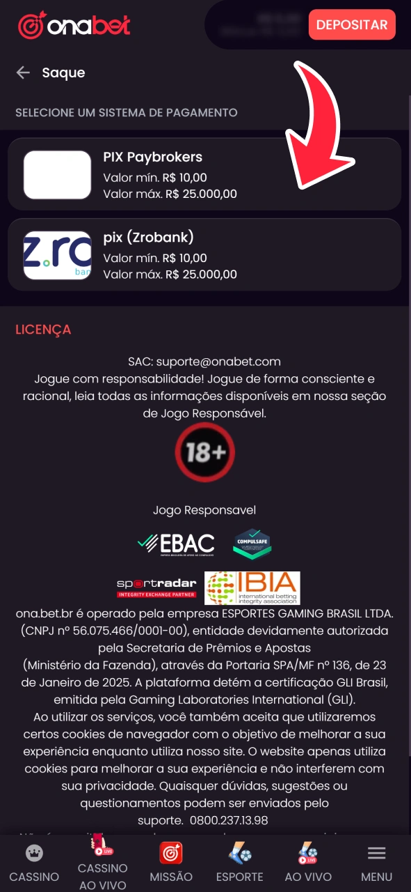 Escolha o método de saque na OnaBet.